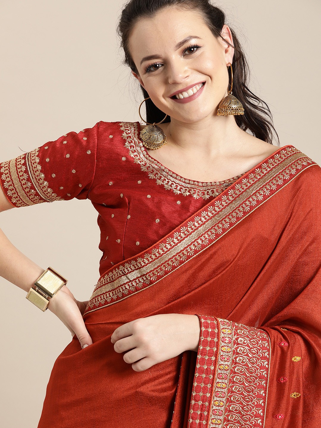 

Inddus Rust Red Silk Blend Embroidered Saree with Unstitched Blouse