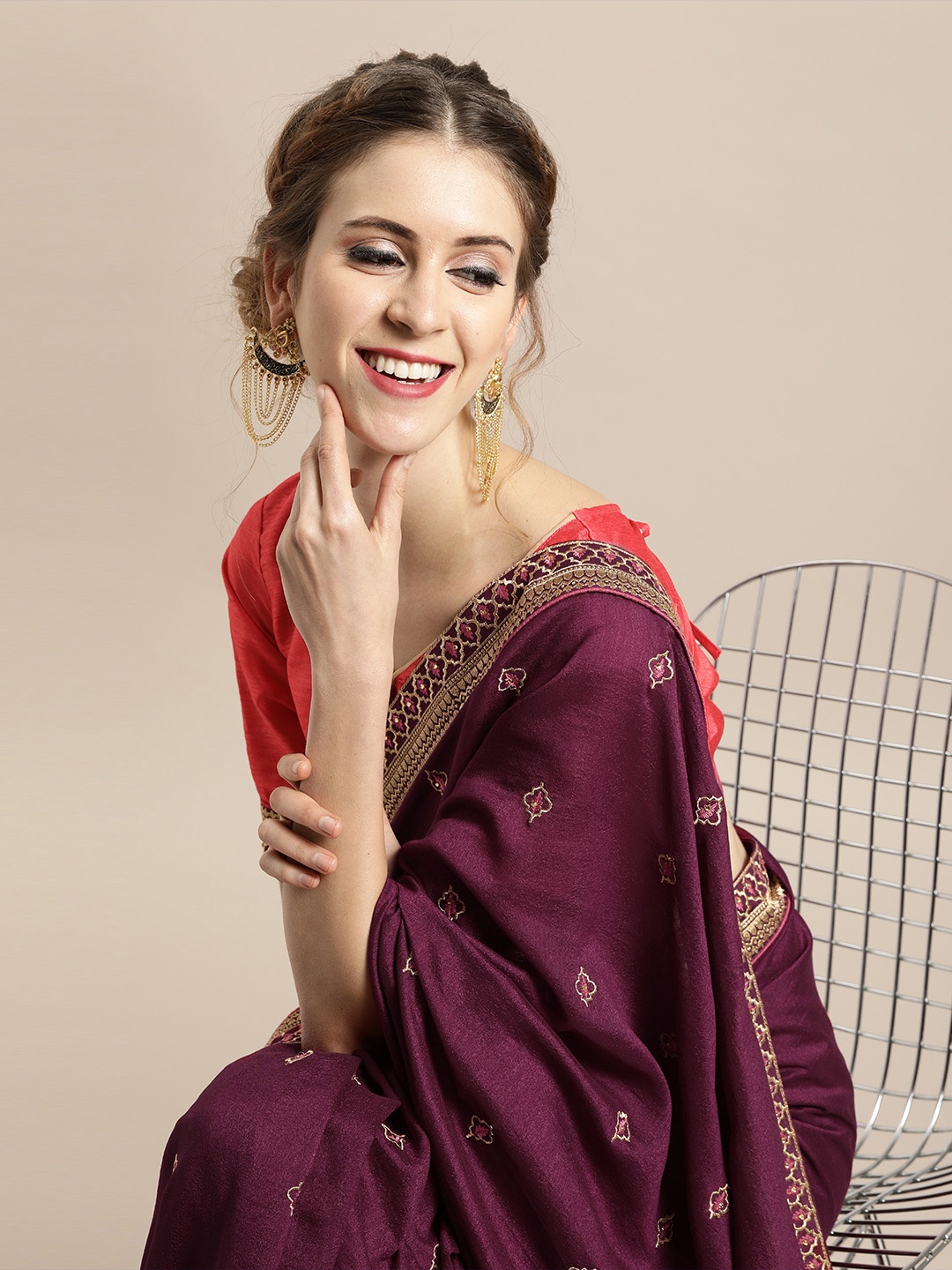 

Inddus Purple Silk Blend Embroidered Saree with Unstitched Blouse