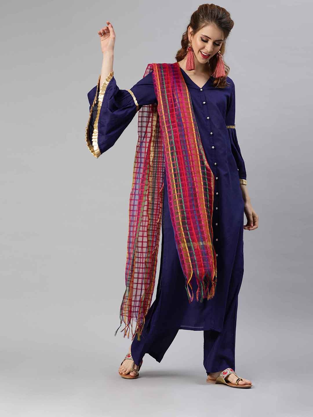 

Tulsattva Women Navy Blue Solid Kurta with Palazzos & Dupatta