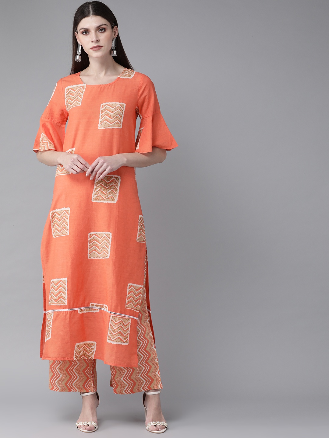 

AKS Women Orange & Beige Printed Kurta with Palazzos