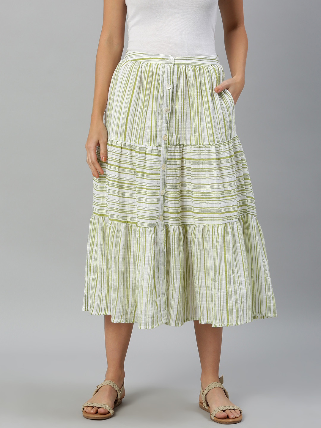 

Global Desi Women White & Green Striped A-Line Skirt