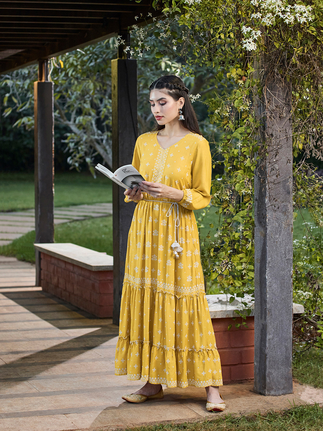 

Global Desi Women Mustard Yellow & Off-White Printed Ruffle Detail Fit and Flare Dress