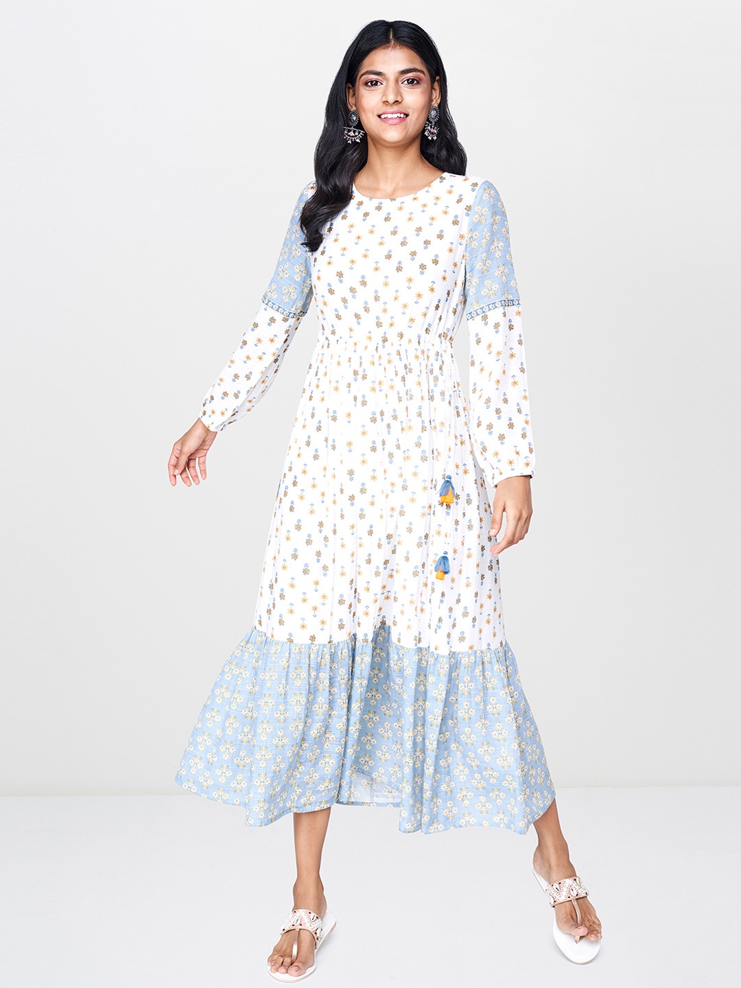 

Global Desi Women White & Blue Printed Fit and Flare Dress