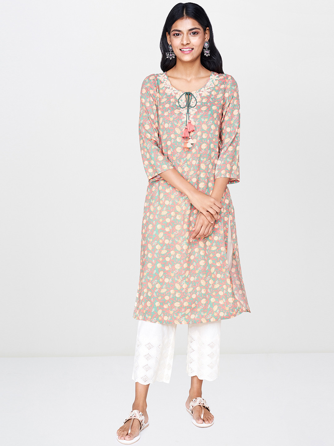 

Global Desi Women Green & Pink Printed Straight Kurta
