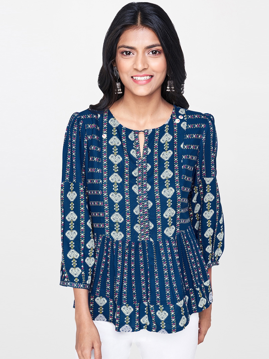 

Global Desi Women Blue & White Printed Top With Gathered Detail