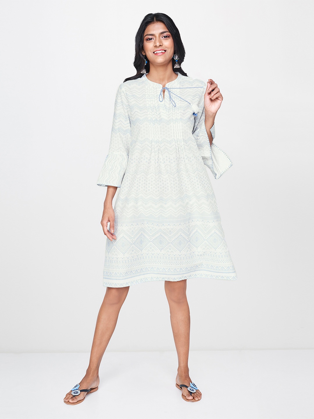 

Global Desi Women White & Blue Printed A-Line Dress With Pleated Detail