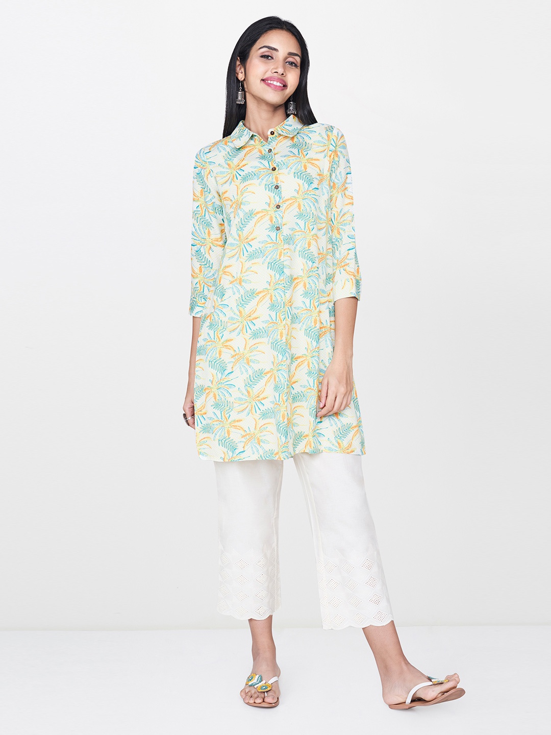 

Global Desi Women's White & Yellow Printed Tunic