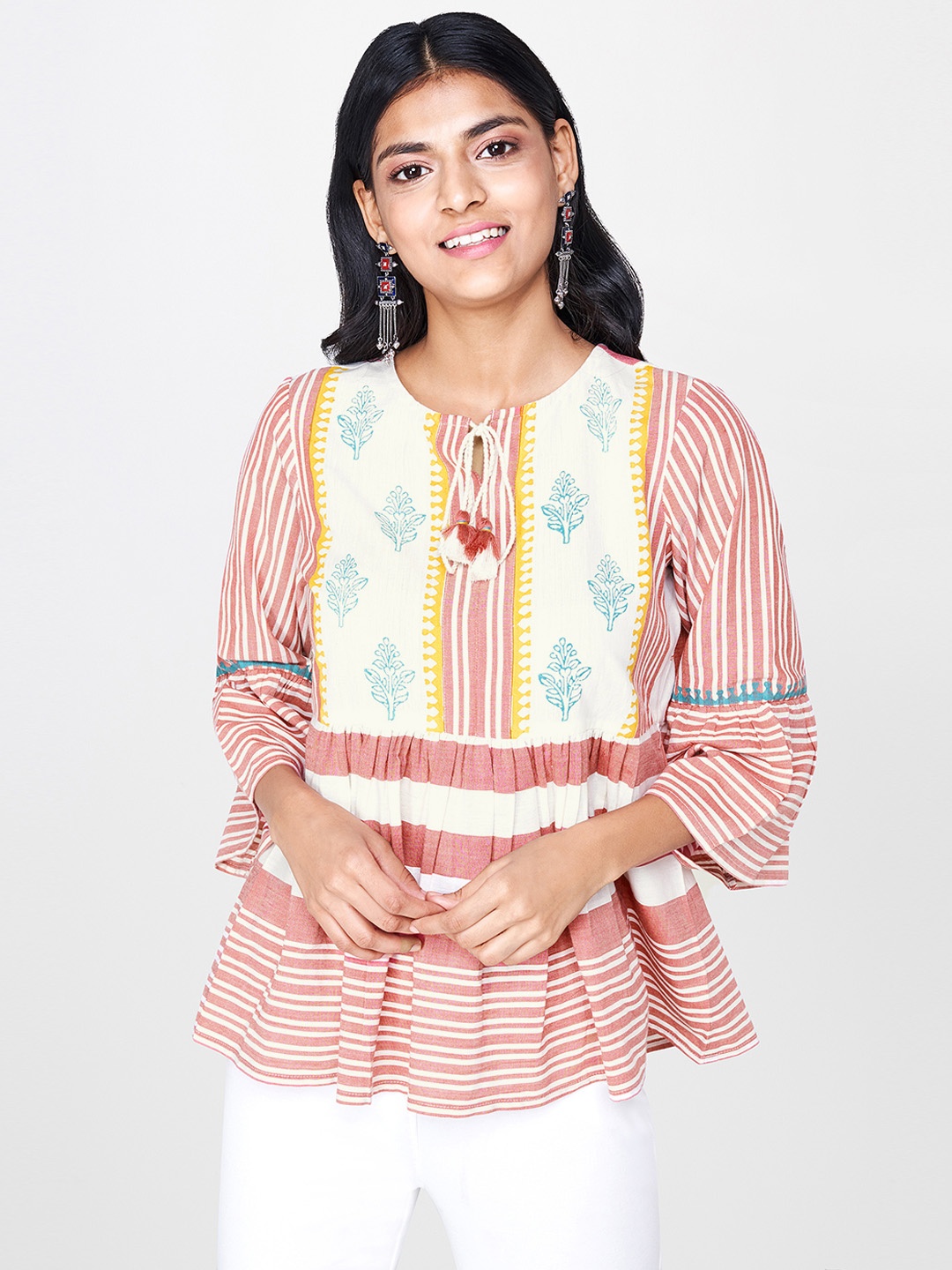 

Global Desi Women Red & Off-White Striped Pure Cotton Top