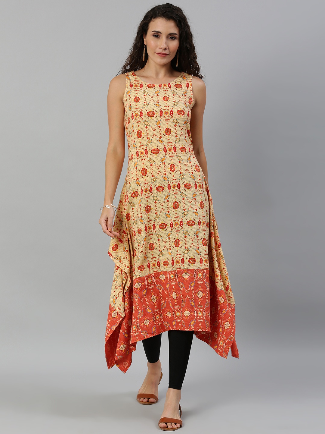 

Global Desi Women Cream-Coloured & Orange Printed Fusion Asymmetric A-Line Kurta