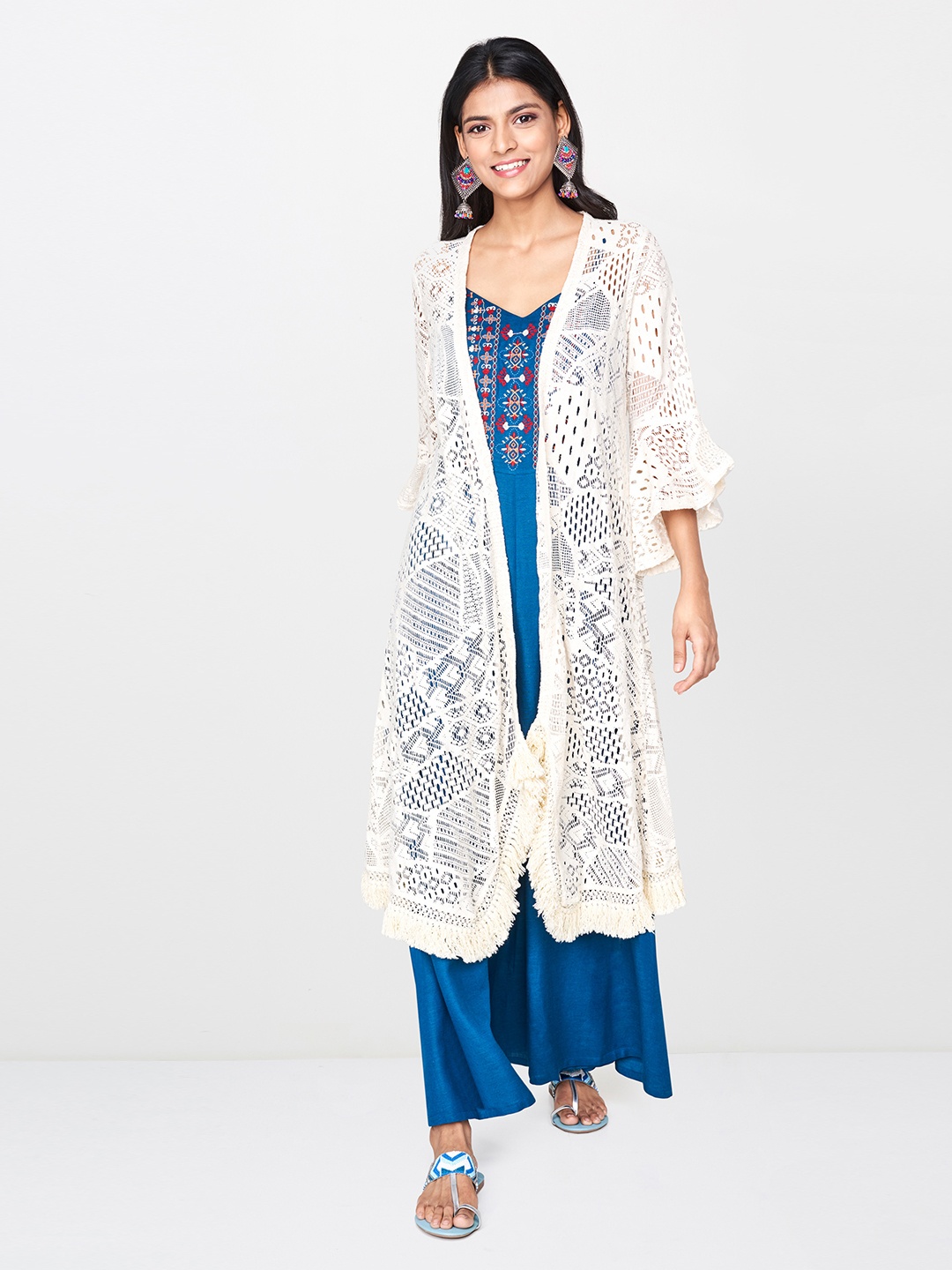 

Global Desi Women Off-White Self Design Open Front Shrug