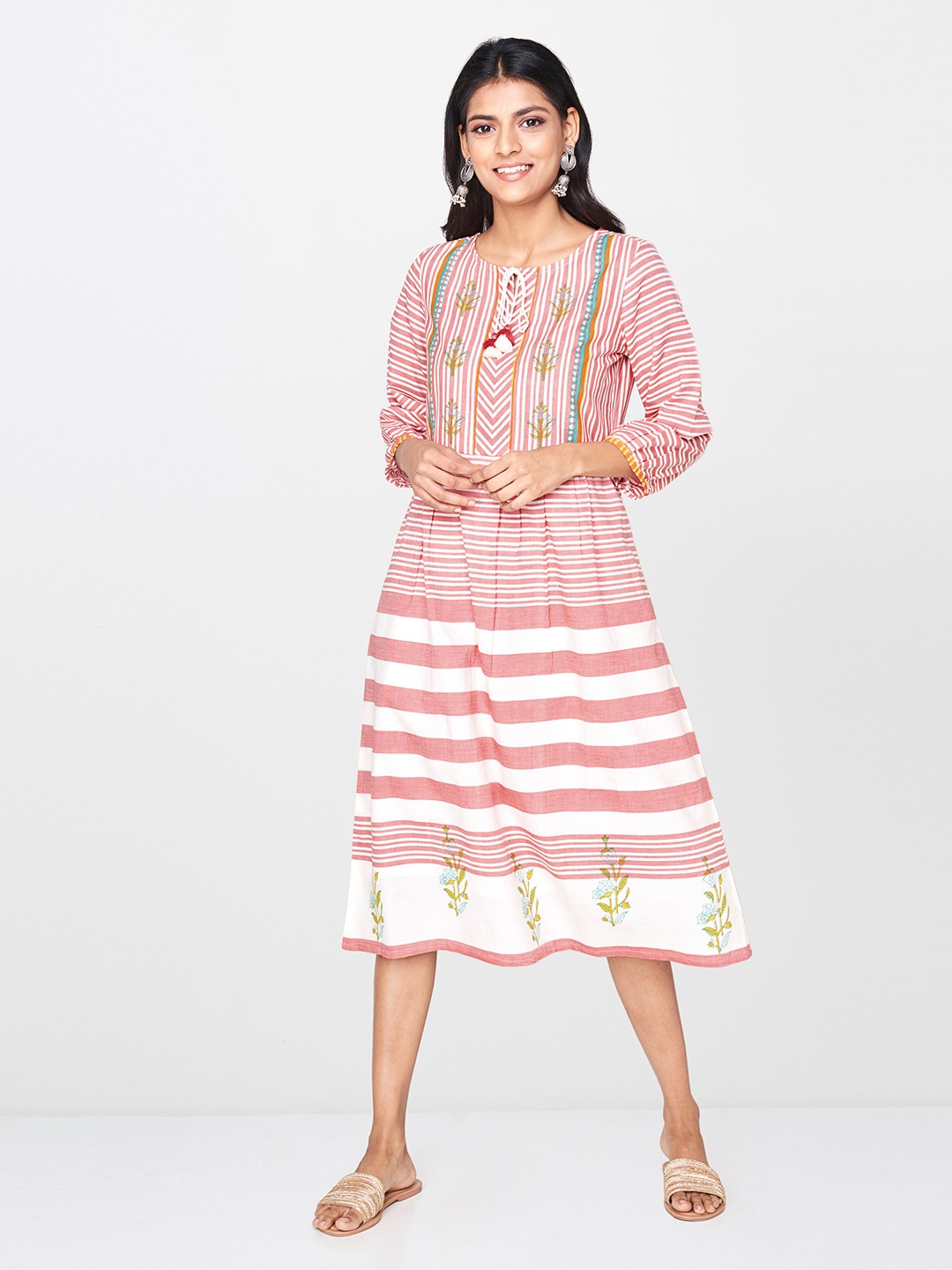 

Global Desi Women Red & Off-White Striped Fit and Flare Dress