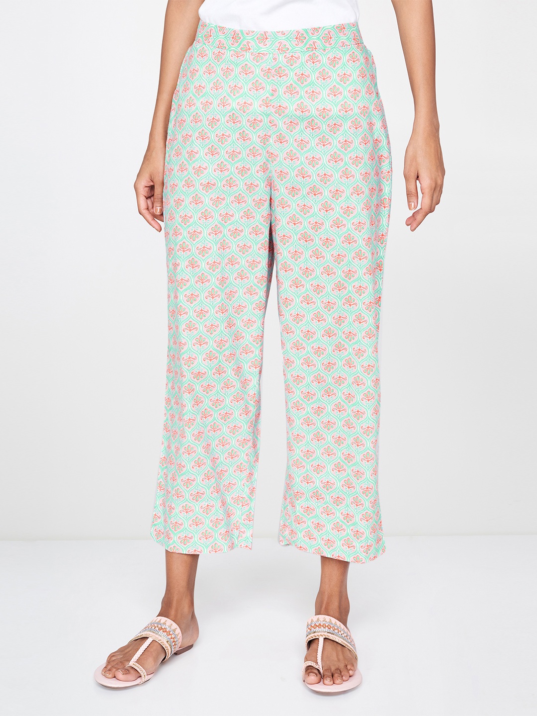 

Global Desi Women Blue & Pink Straight Fit Printed Parallel Trousers