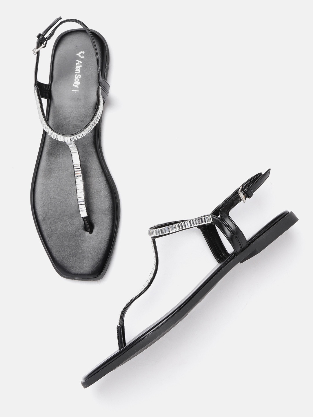 

Allen Solly Women Silver-Toned & Black Embellished T-Strap Flats