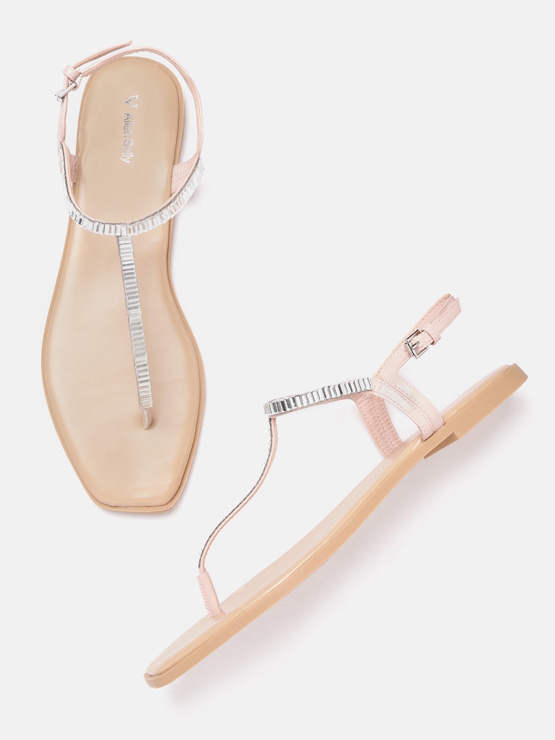 

Allen Solly Women Pink & Silver-Toned Studded T-Strap Flats
