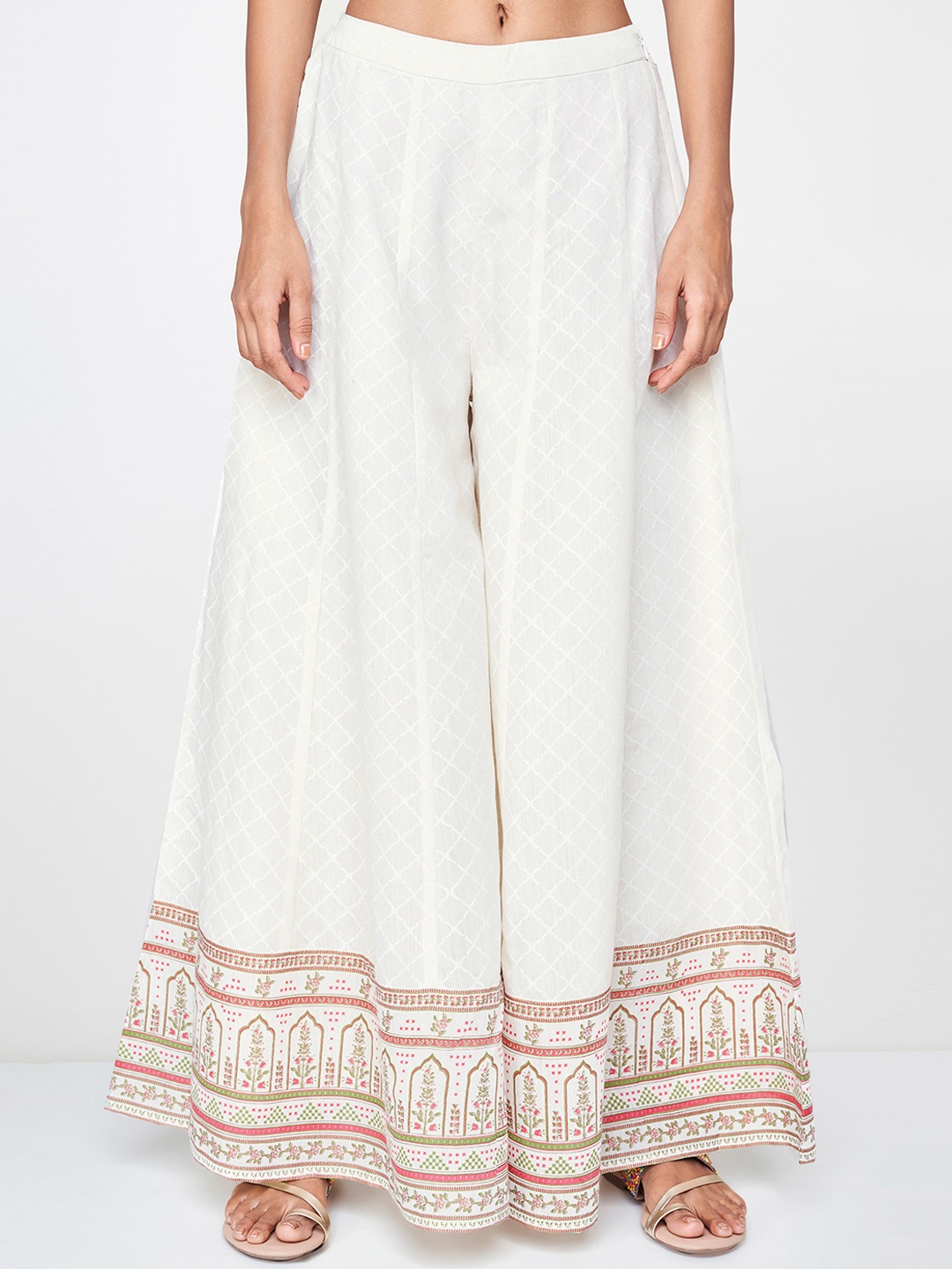 

Global Desi Women Off-White & Red Printed Flared Palazzos