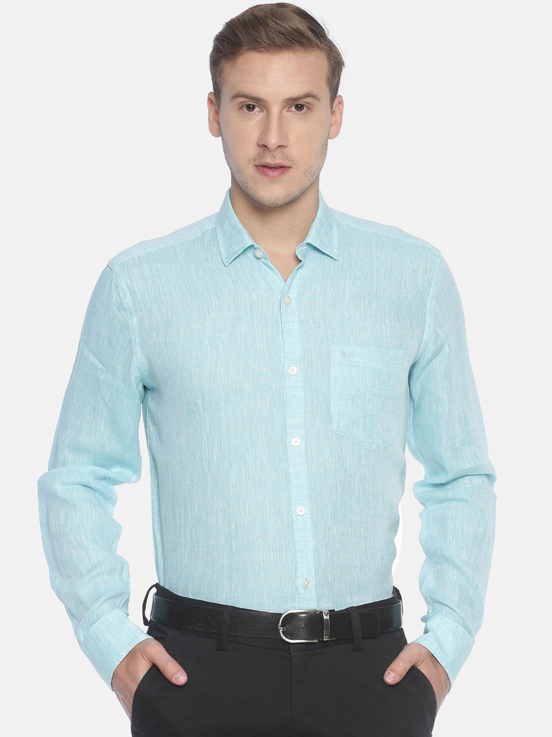 

Linen Club Men Turquoise Blue Regular Fit Solid Sustainable Formal Shirt