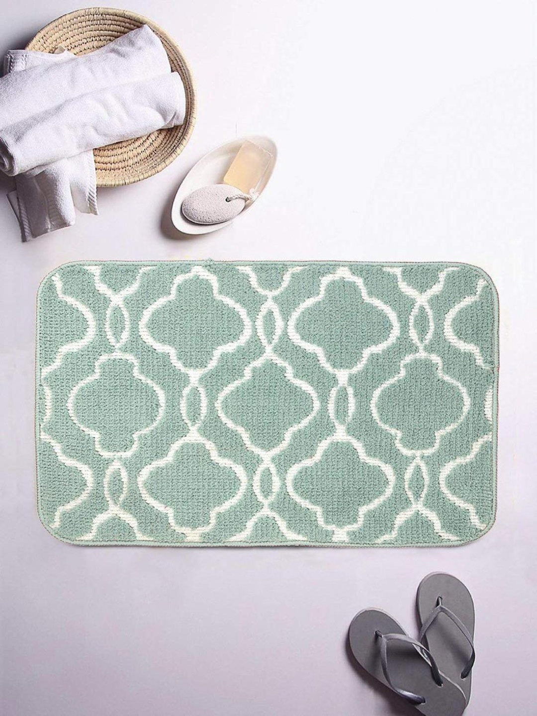 

ROMEE Sea Green & White Printed Microfiber Bath Rug