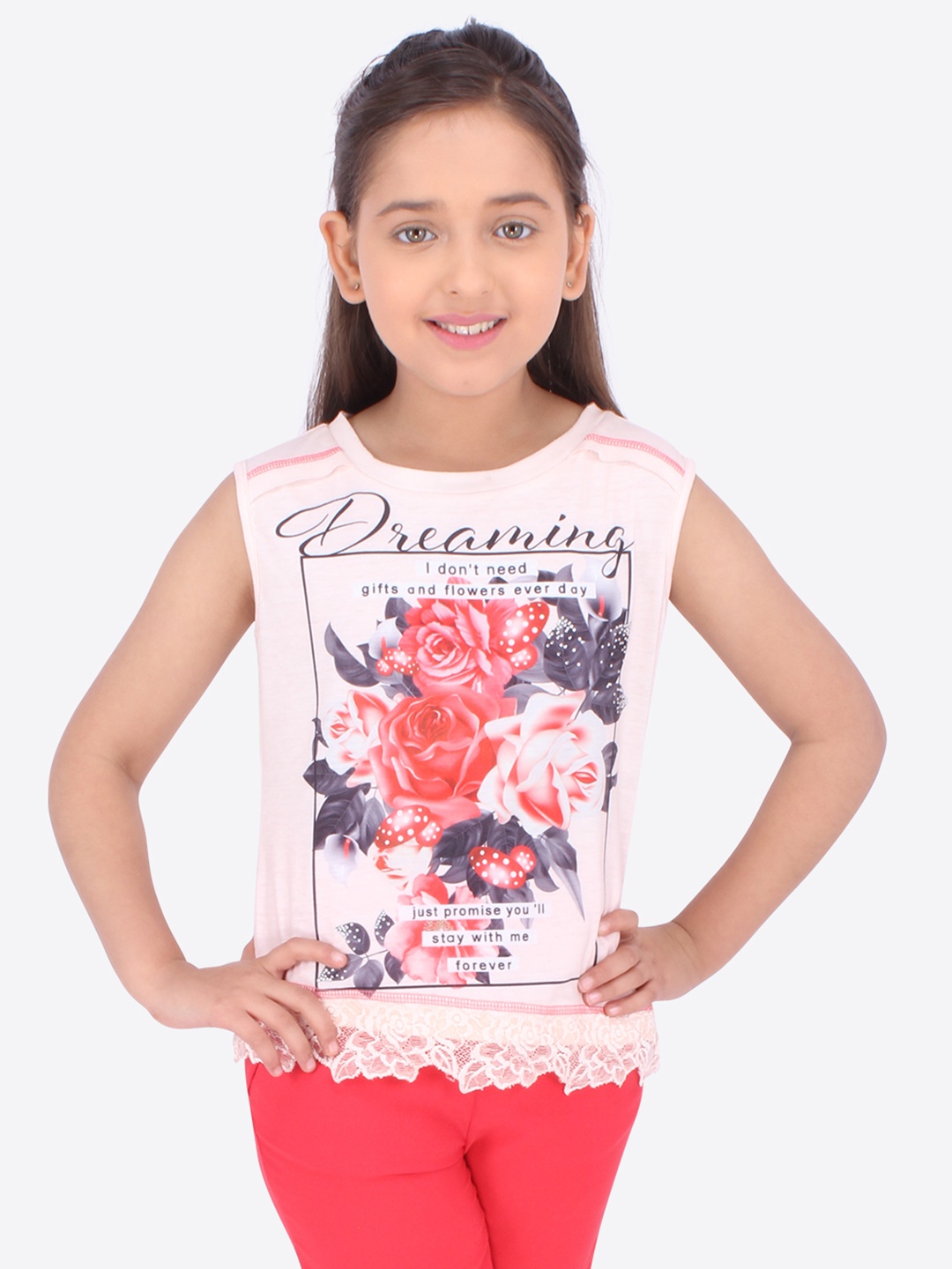 

CUTECUMBER Girls Peach-Coloured & Red Printed T-Shirt