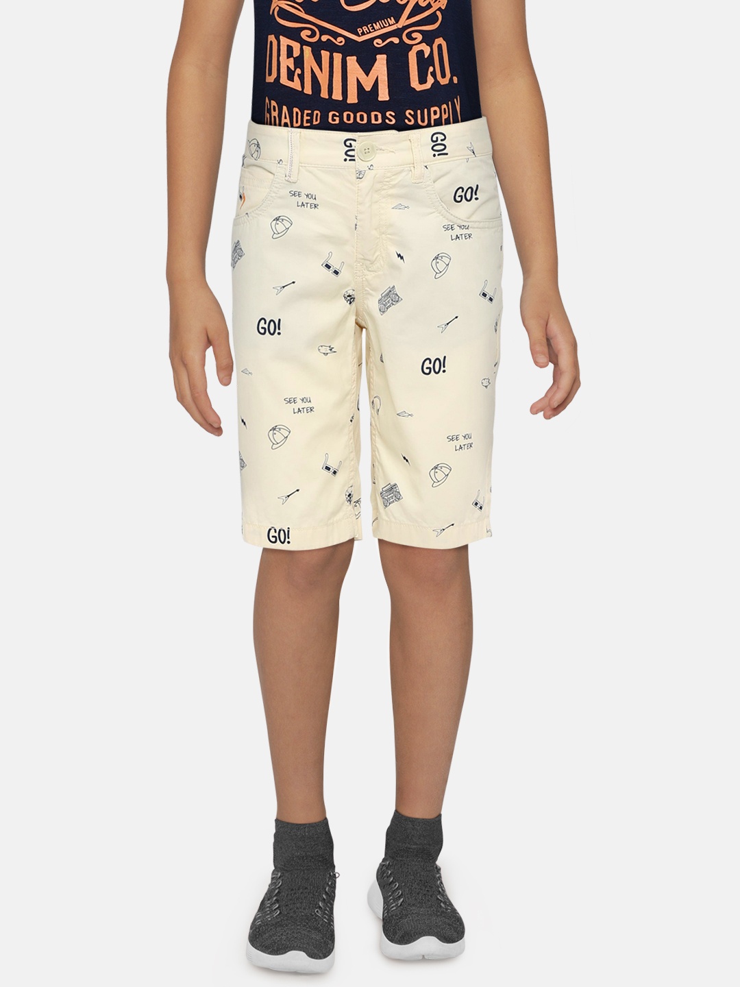 

Indian Terrain Boys Beige & Blue Printed Regular Shorts