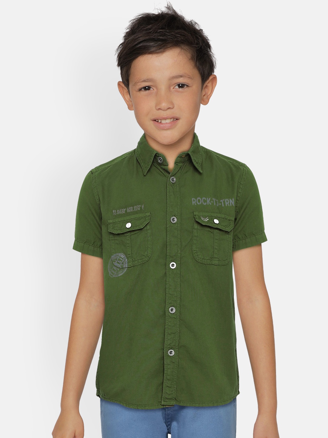 

Indian Terrain Boys Olive Green Regular Fit Printed Casual Shirt