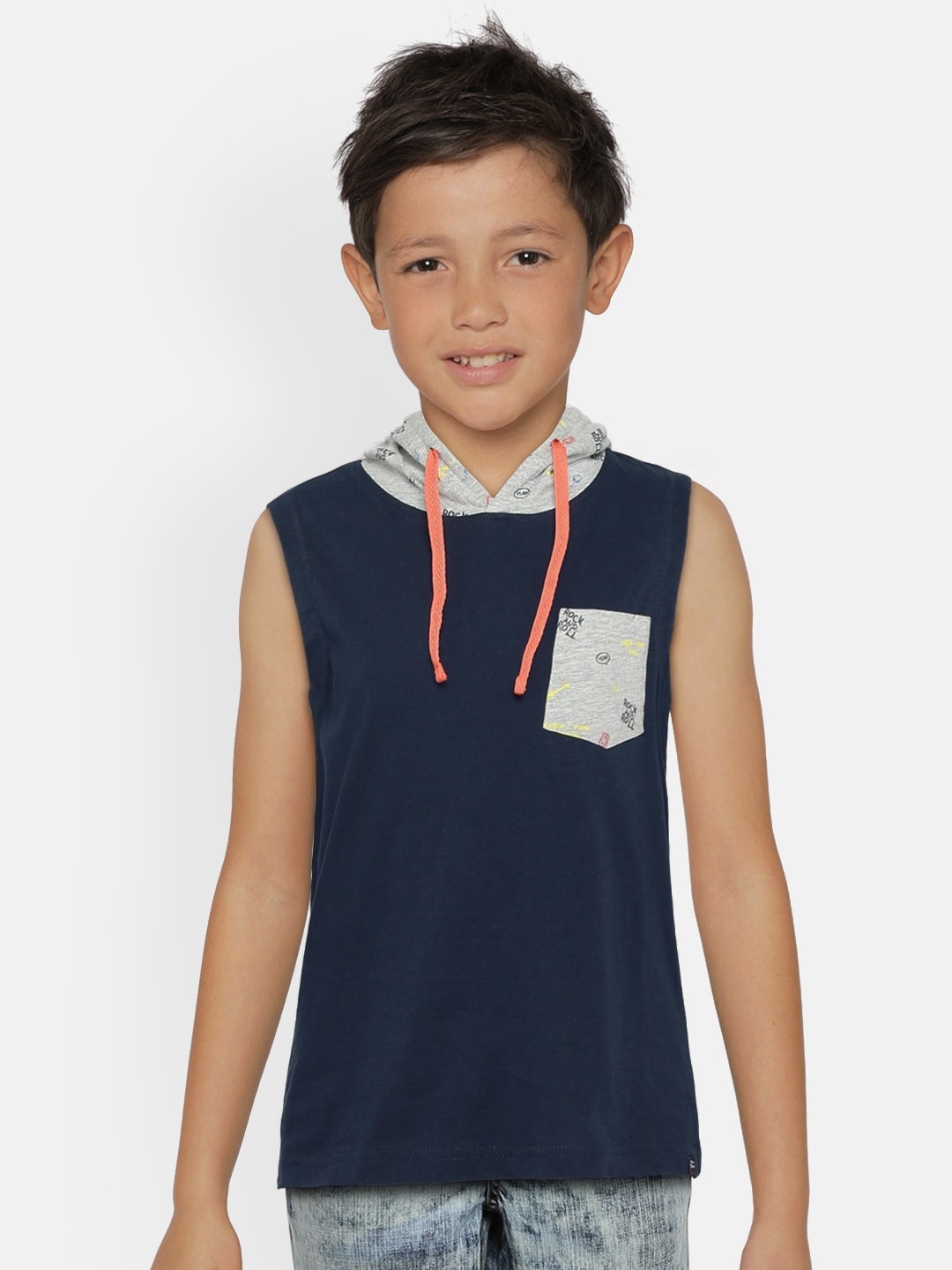 

Indian Terrain Boys Navy Blue Solid Hooded Sleeveless T-shirt