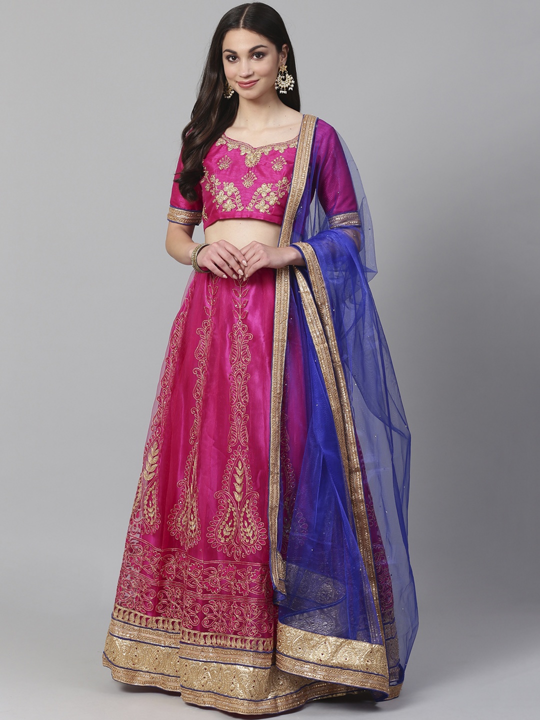 

Readiprint Fashions Pink & Golden Semi-Stitched Lehenga & Unstitched Blouse with Dupatta