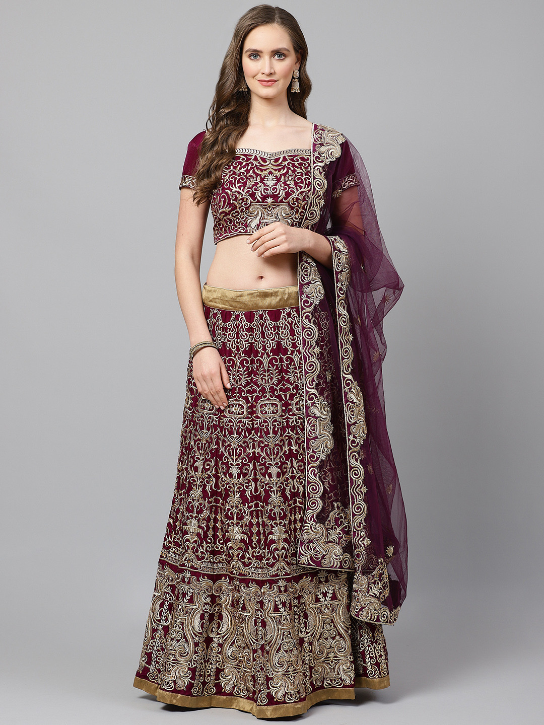 

Readiprint Fashions Purple & Golden Semi-Stitched Lehenga & Unstitched Choli with Dupatta