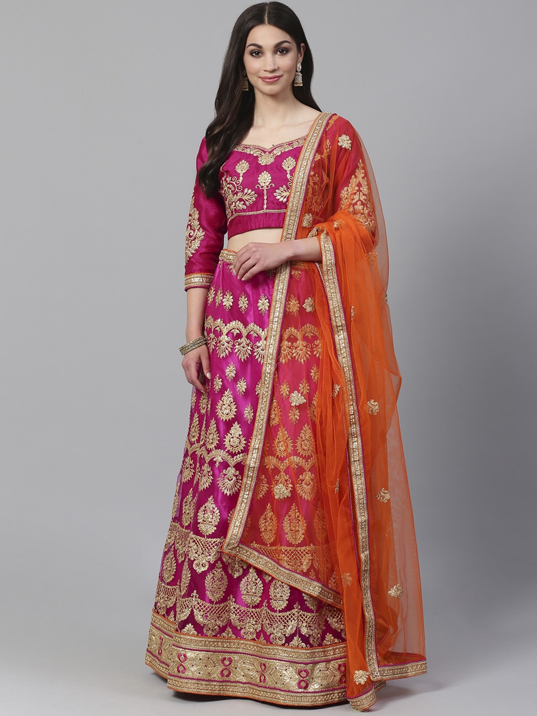 

Readiprint Fashions Magenta & Gold-Toned Embroidered Semi-Stitched Lehenga & Unstitched Blouse with Dupatta