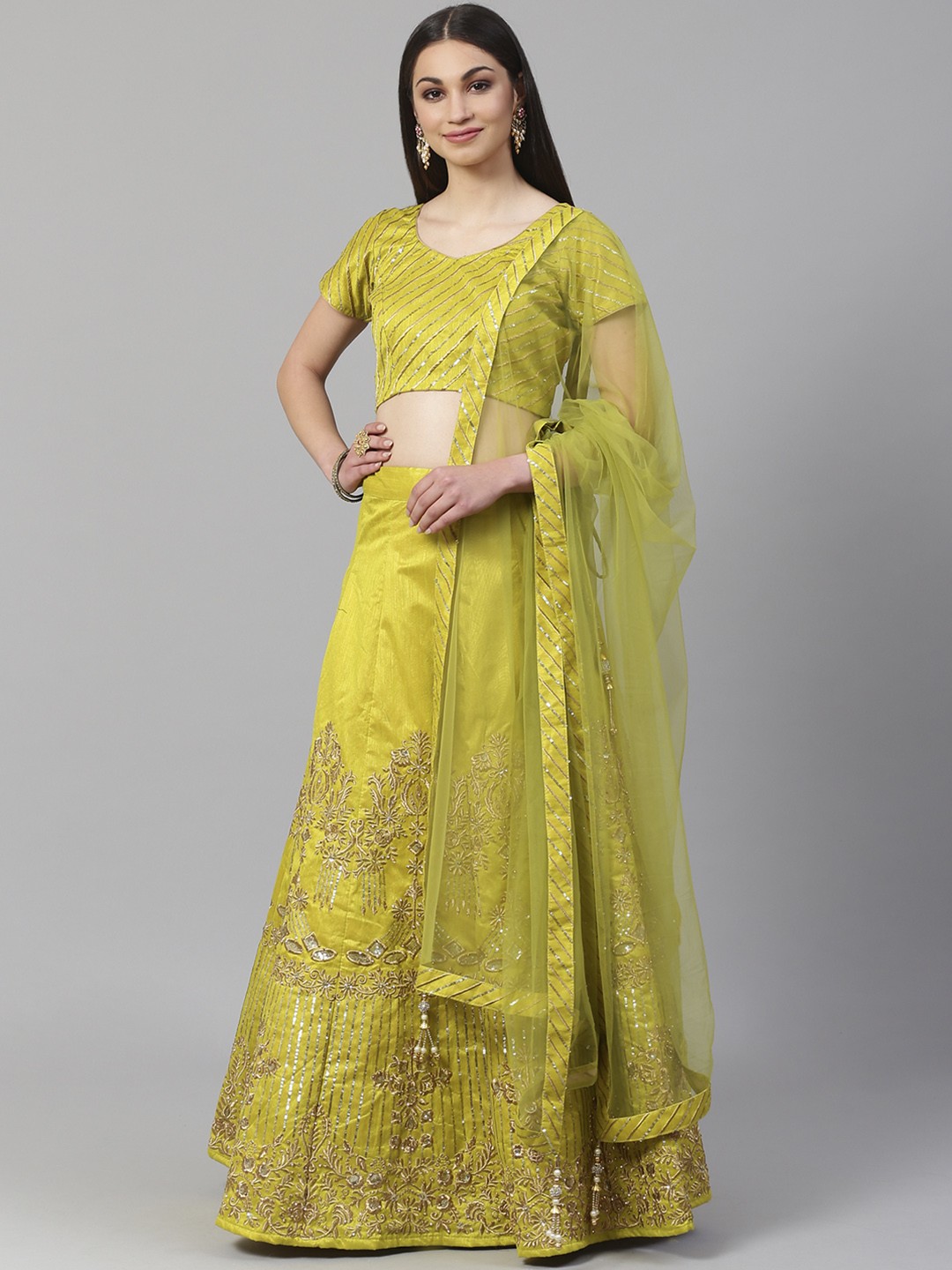 

Readiprint Fashions Lime Green & Gold-Toned Embroidered Semi-Stitched Lehenga & Unstitched Blouse with Dupatta