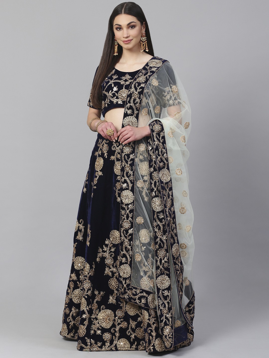 

Readiprint Fashions Navy Blue & Golden Semi-Stitched Lehenga with Unstitched Choli