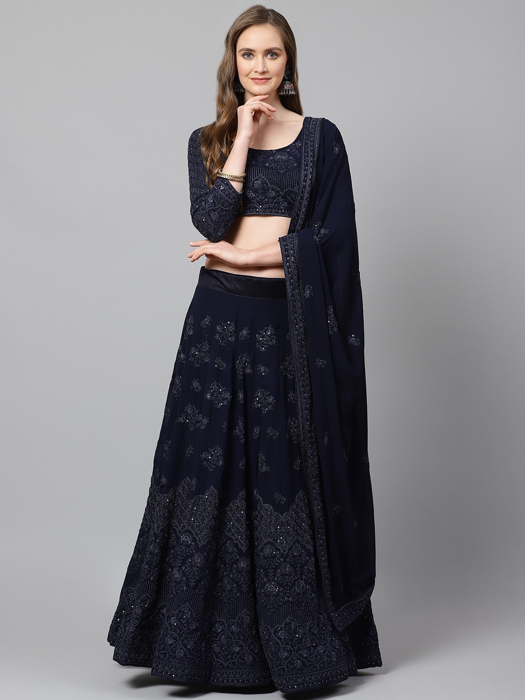 

Readiprint Fashions Navy Blue Embroidered Semi-Stitched Lehenga & Blouse with Dupatta