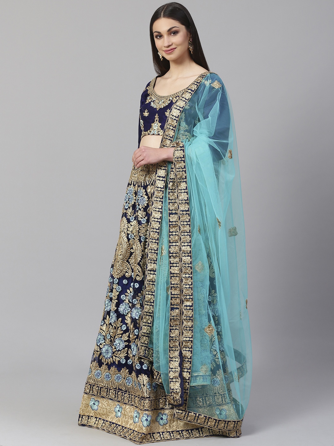

Readiprint Fashions Navy Blue & Golden Semi-Stitched Lehenga & Unstitched Blouse