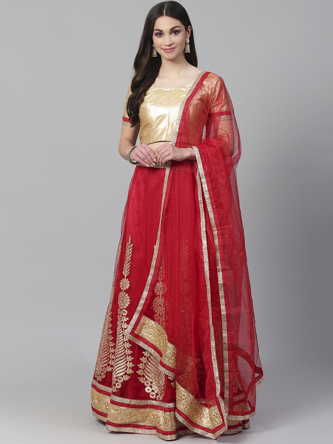 

Readiprint Fashions Red & Golden Semi-Stitched Lehenga & Unstitched Blouse with Dupatta