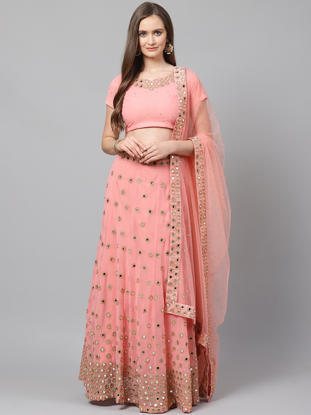 

Readiprint Fashions Pink & Gold-Toned Embellished Semi-Stitched Lehenga & Unstitched Blouse with Dupatta