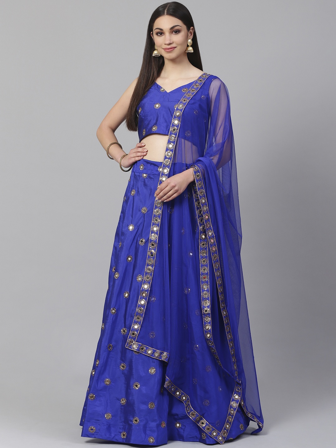 

Readiprint Fashions Blue & Golden Semi-Stitched Lehenga & Unstitched Blouse with Dupatta