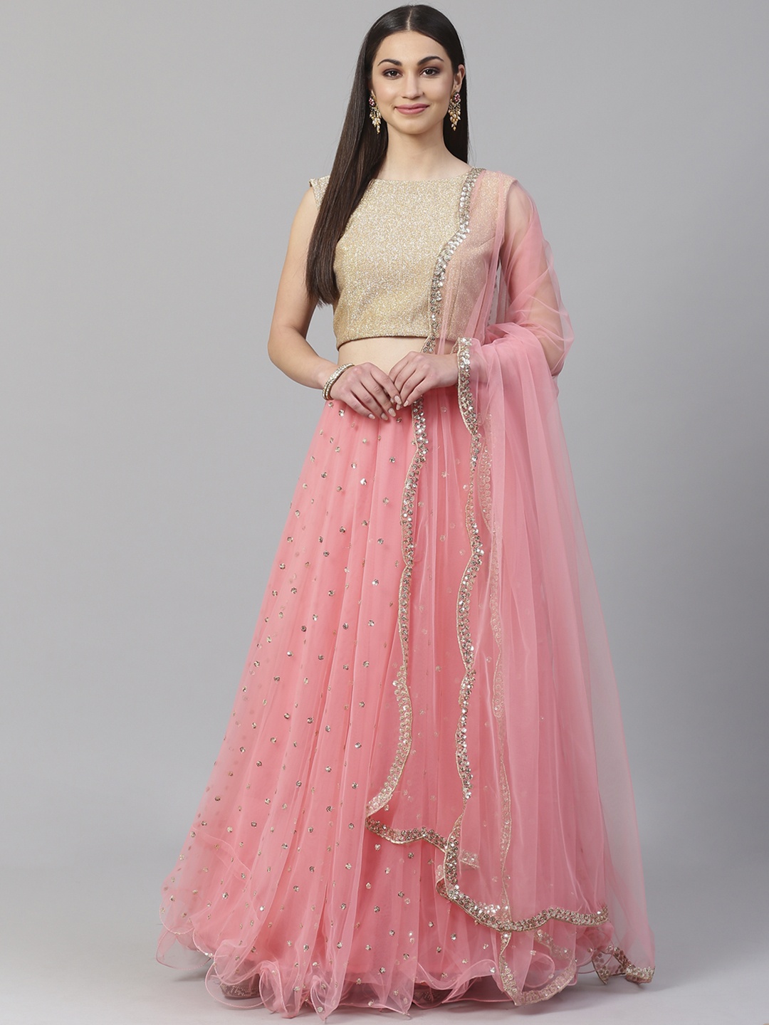 

Readiprint Fashions Pink & Golden Sequinned Semi-Stitched Lehenga & Choli With Dupatta