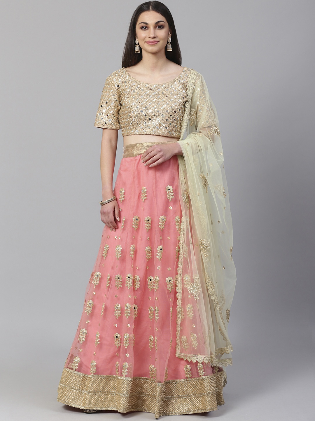 

Readiprint Fashions Peach-Coloured & Beige Embroidered Semi-Stitched Lehenga & Unstitched Blouse with Dupatta