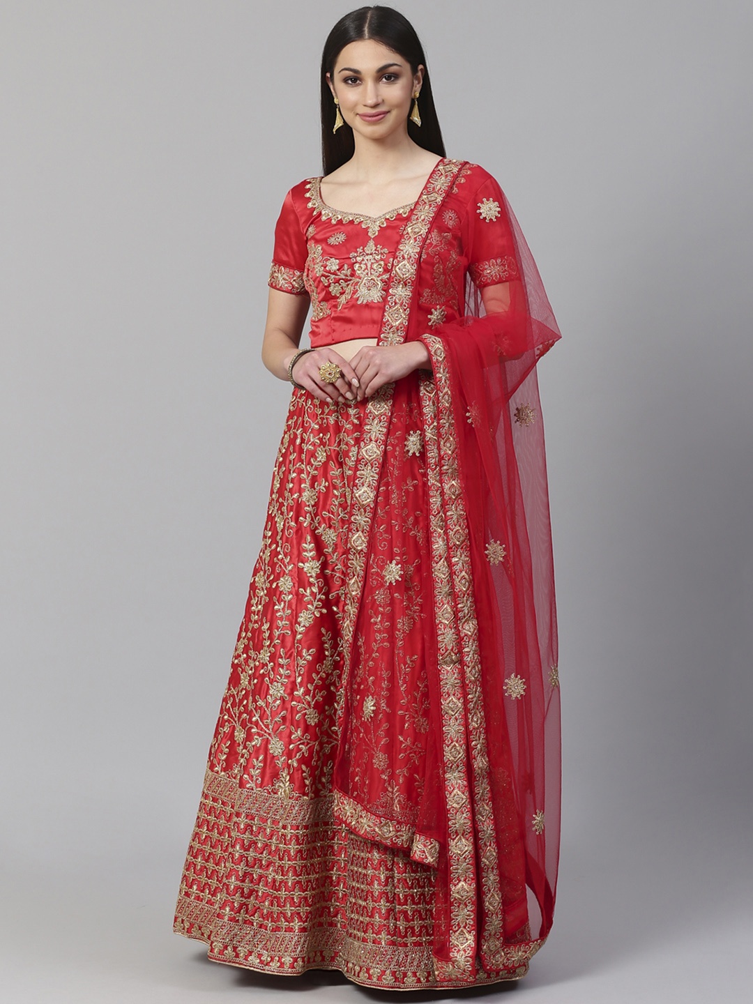 

Readiprint Fashions Red & Golden Semi-Stitched Lehenga & Unstitched Blouse with Dupatta