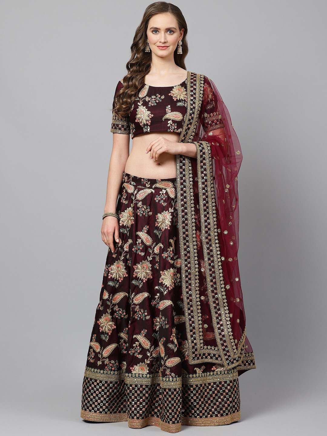 

Readiprint Fashions Burgundy Semi-Stitched Lehenga & Unstitched Blouse with Dupatta