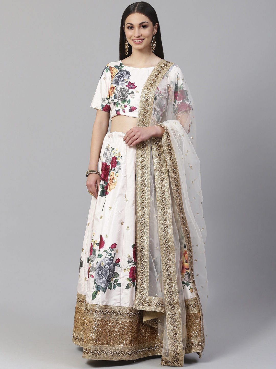 

Readiprint Fashions Off-White & Red Printed Semi-Stitched Lehenga & Unstitched Blouse with Dupatta