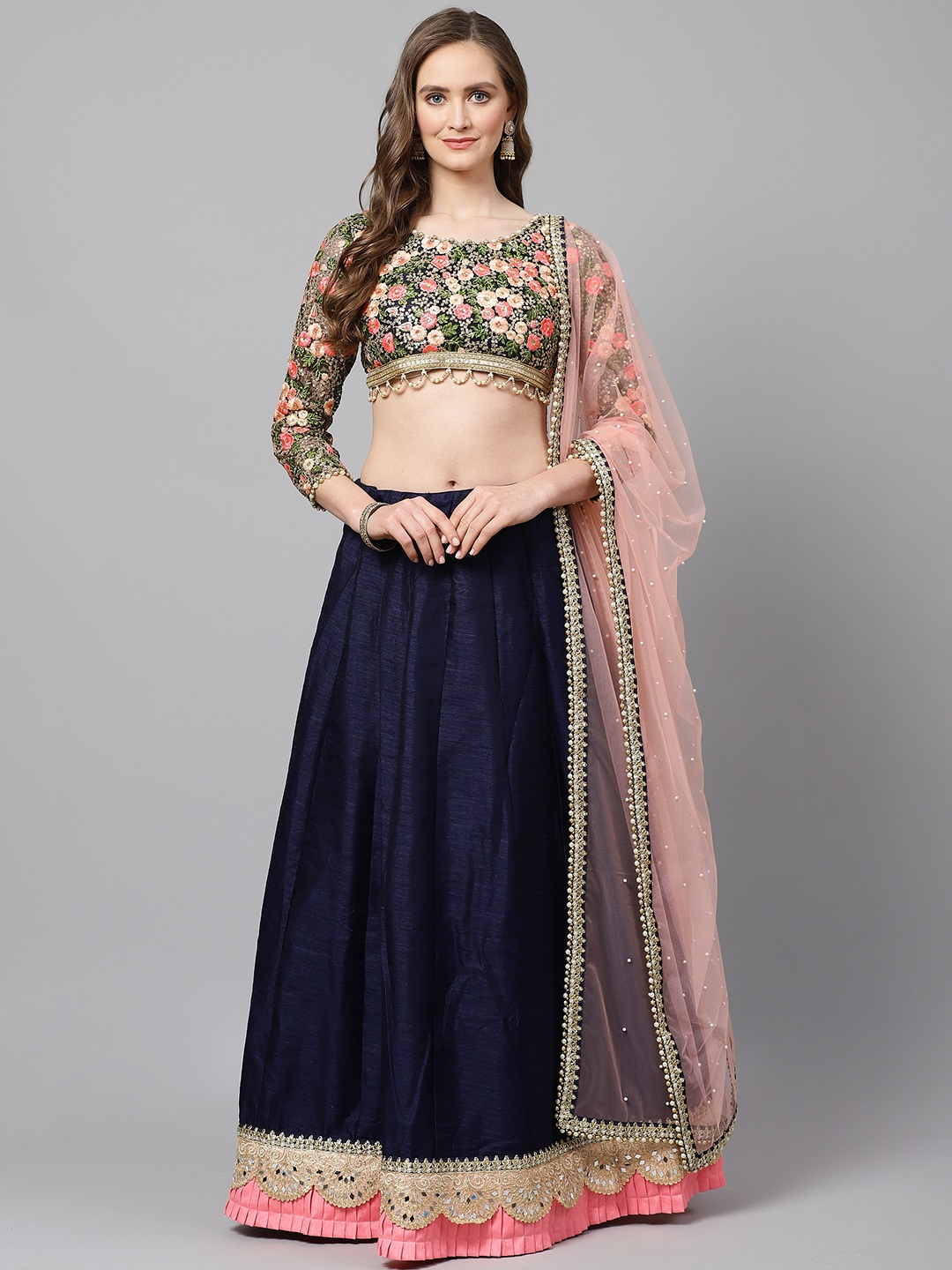 

Readiprint Fashions Navy Blue Semi-Stitched Lehenga & Unstitched Blouse with Dupatta