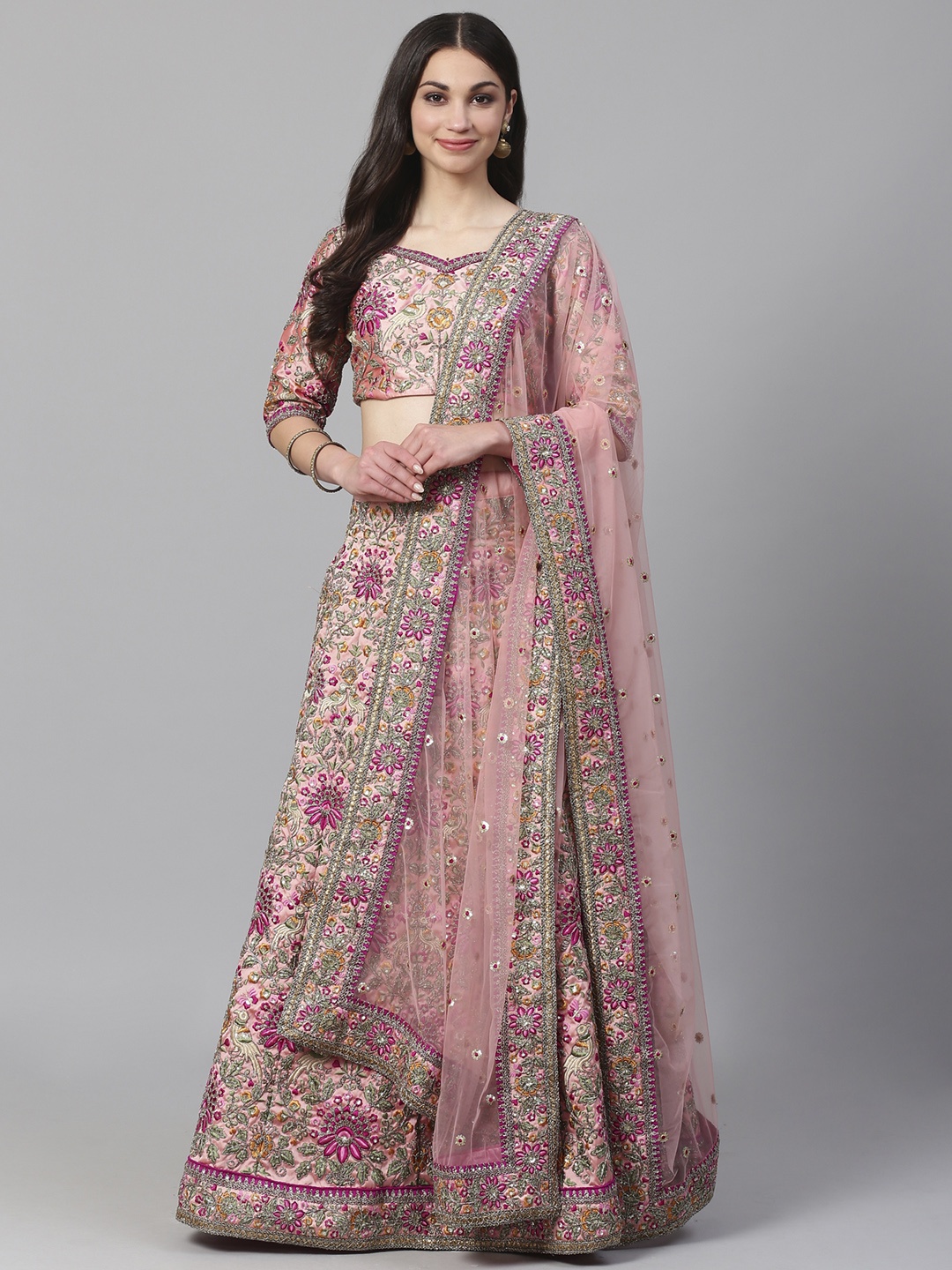

Readiprint Fashions Pink & Golden Semi-Stitched Lehenga & Unstitched Blouse with Dupatta