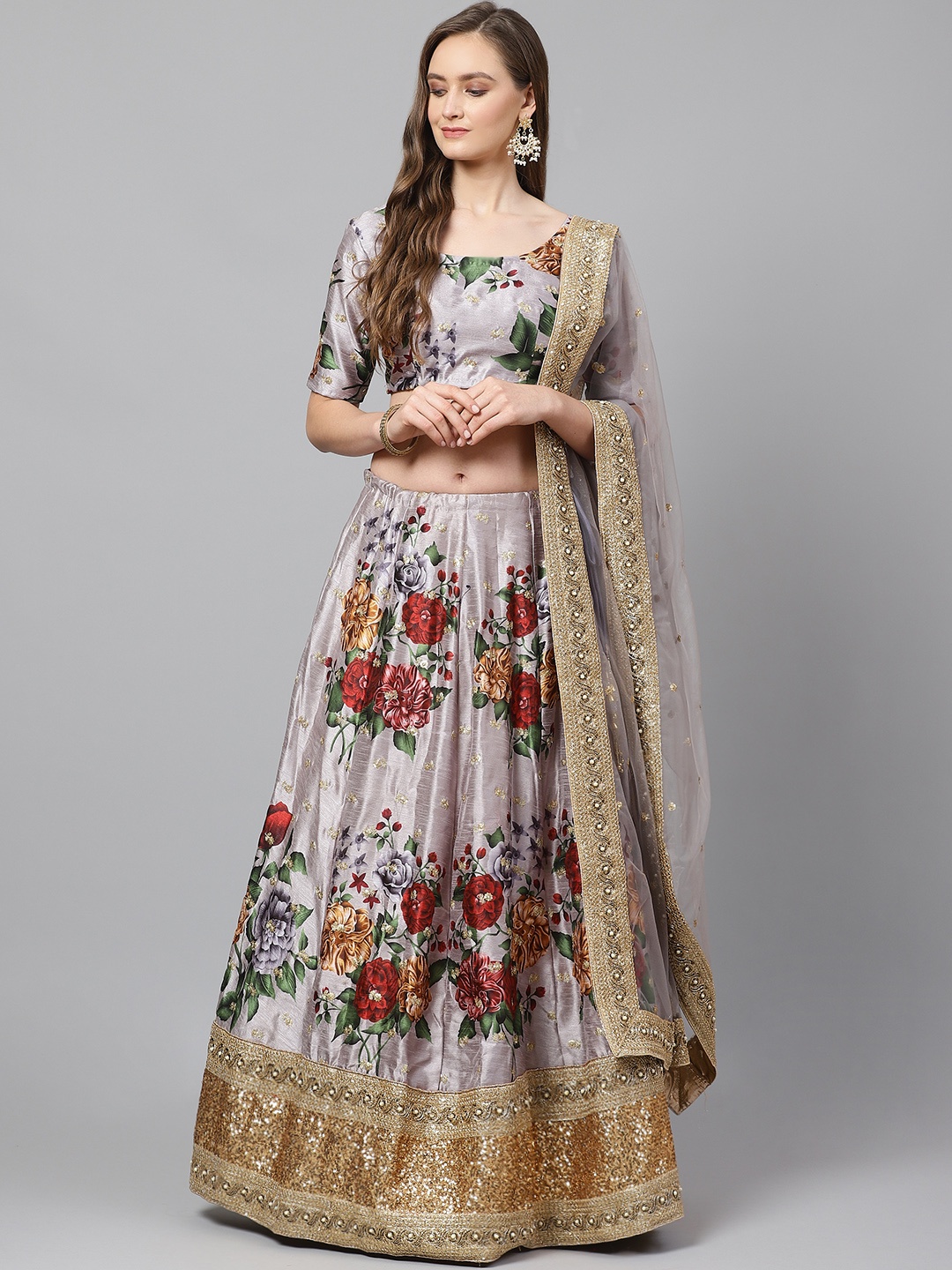 

Readiprint Fashions Grey & Red Printed Semi-Stitched Lehenga & Unstitched Blouse with Dupatta