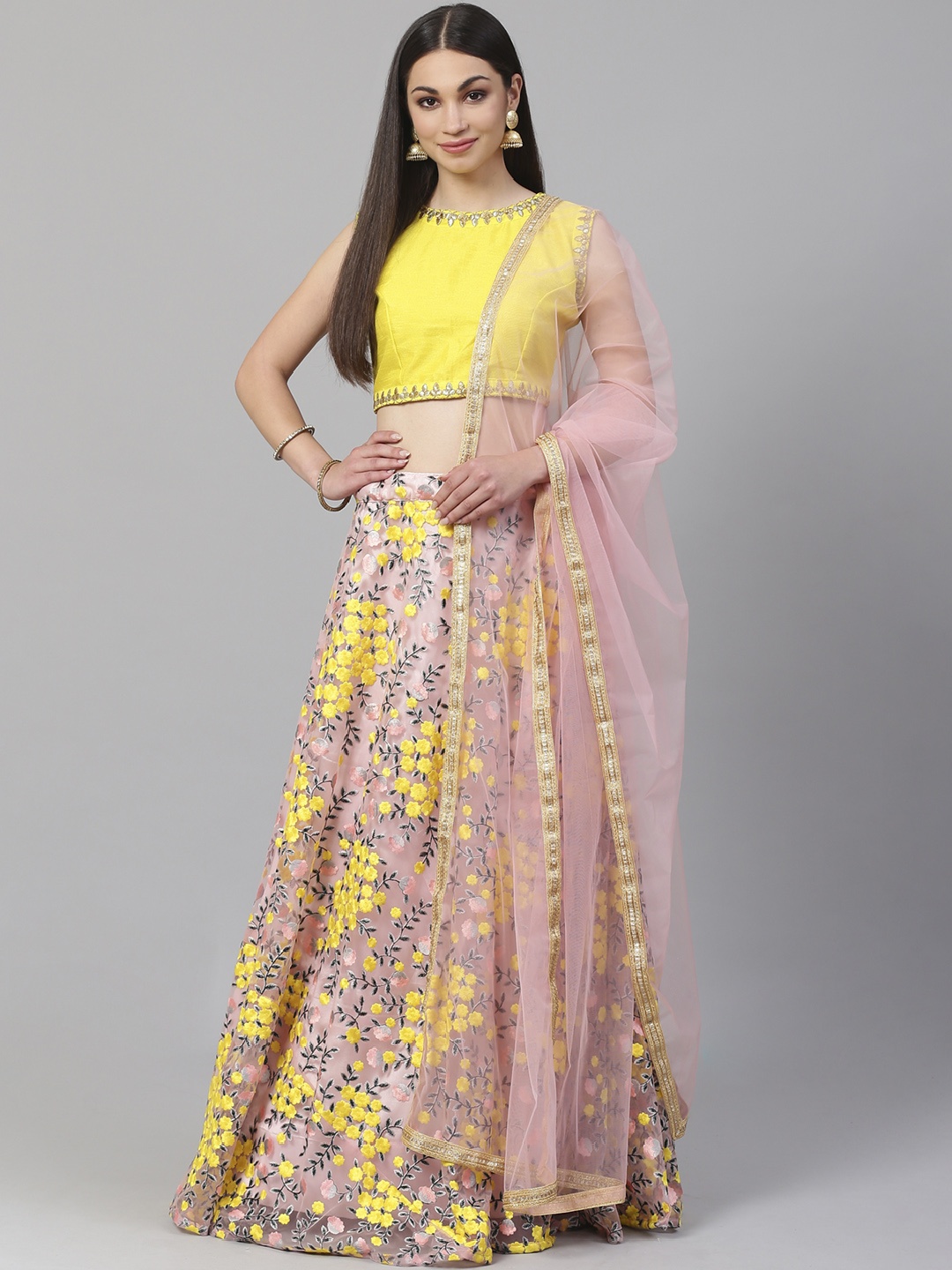 

Readiprint Fashions Pink & Yellow Semi-Stitched Lehenga & Unstitched Blouse with Dupatta