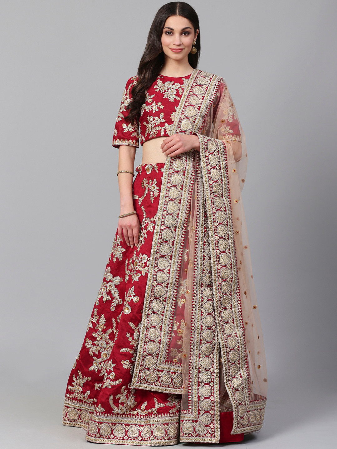 

Readiprint Fashions Red & Gold-Toned Embroidered Semi-Stitched Lehenga & Unstitched Blouse with Dupatta