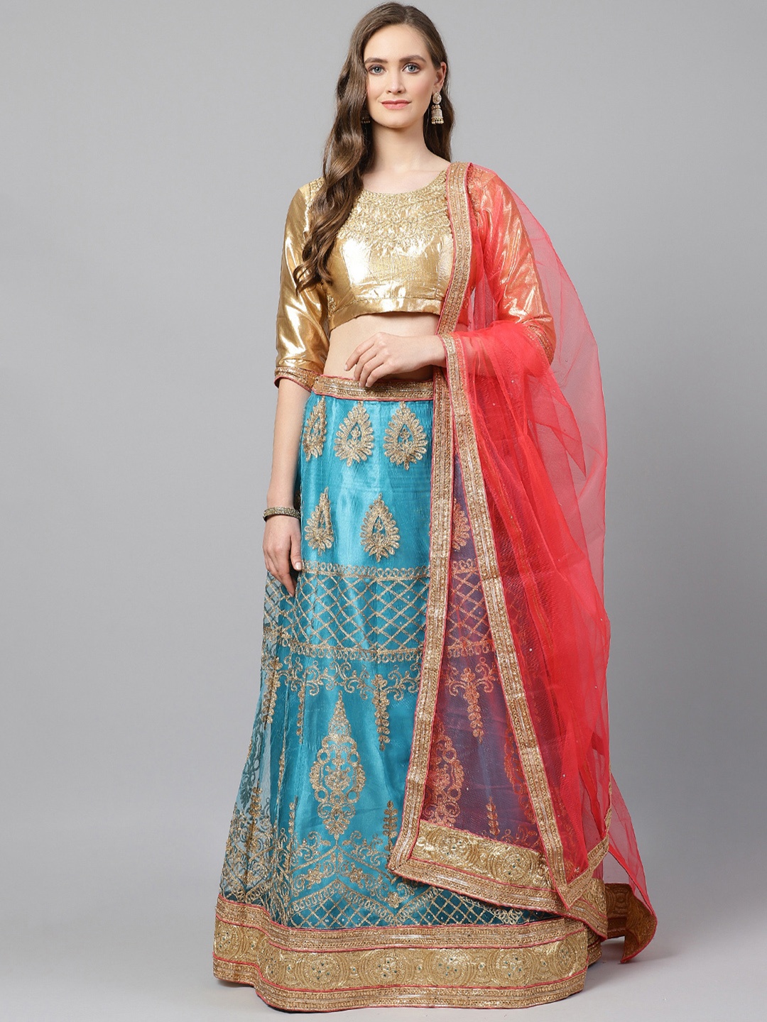 

Readiprint Fashions Blue & Golden Semi-Stitched Lehenga & Unstitched Blouse with Dupatta