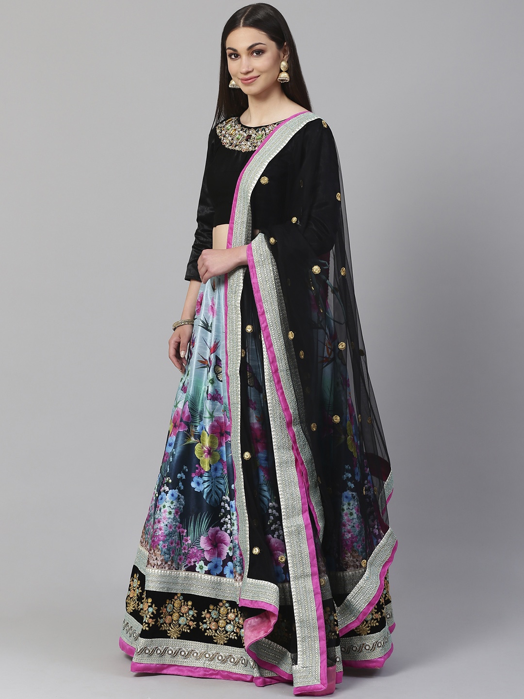 

Readiprint Fashions Blue & Black Solid Semi-Stitched Lehenga & Unstitched Blouse with Dupatta