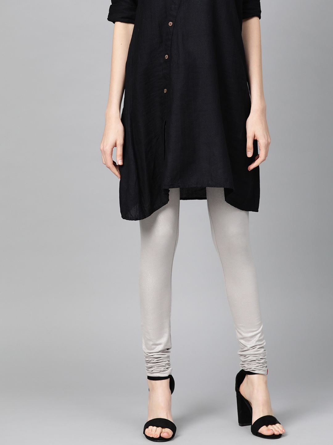

W Women Silver Solid Churidar Length Leggings