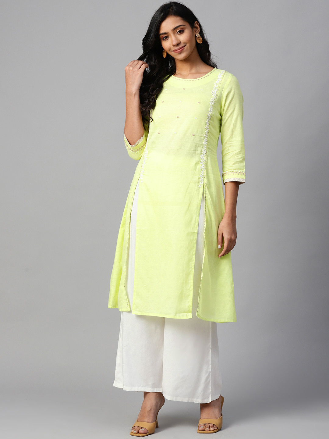 

W Women Straight Cotton Kurta, Lime green