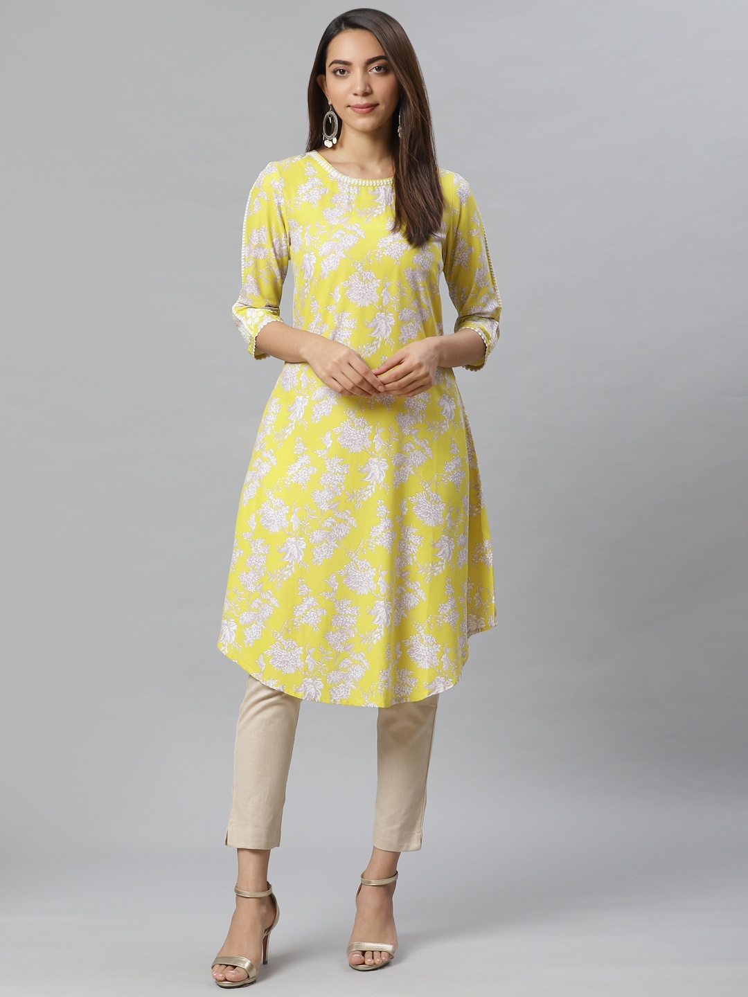 

W Women Yellow & White Printed A-Line Kurta